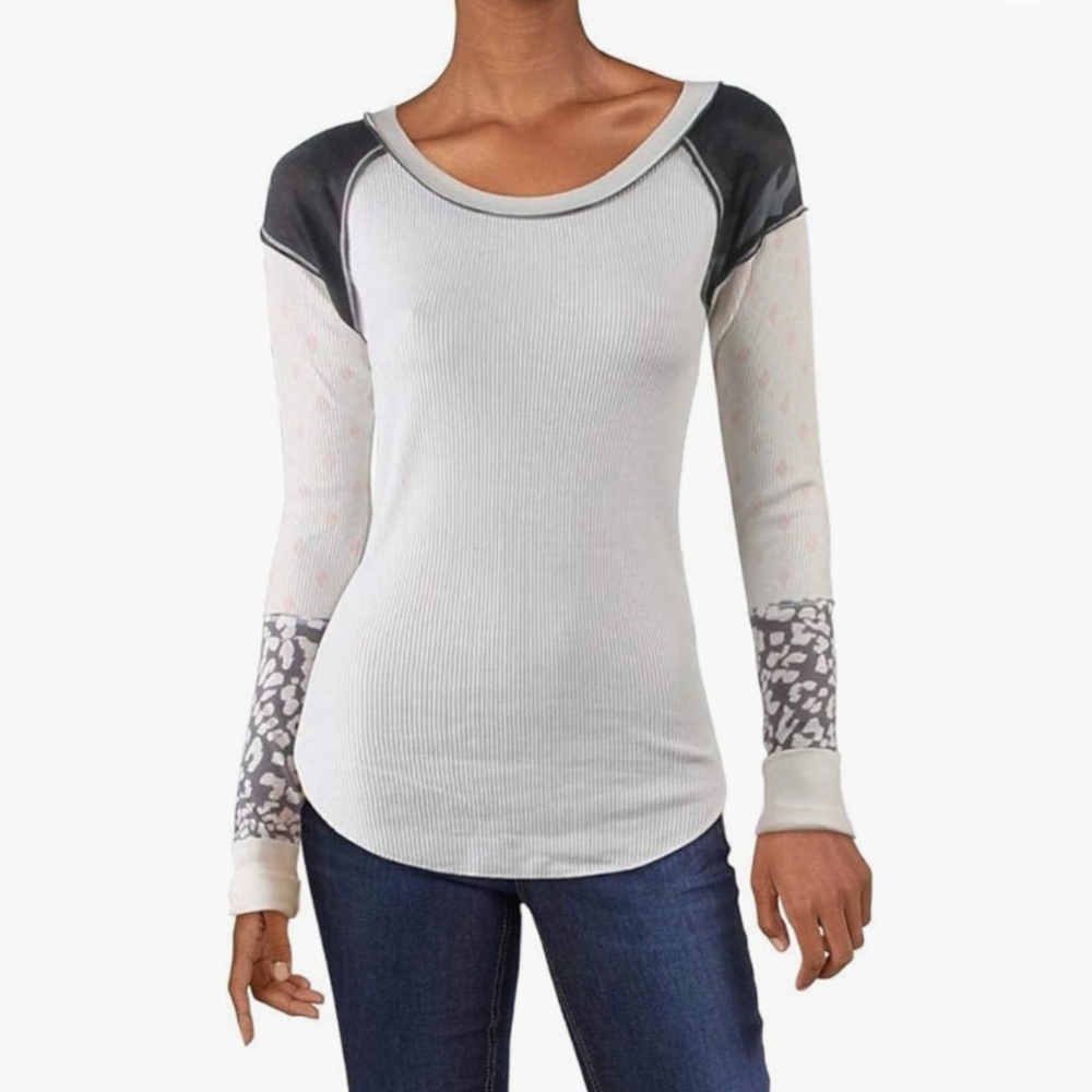 Free People White Long Sleeve Raglan Top with Gray Accents